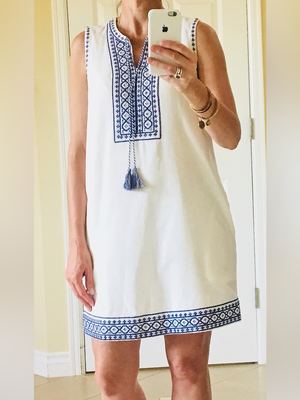 beachlunchlounge White Sleeveless Shift Dress with Blue Embroidered Trim